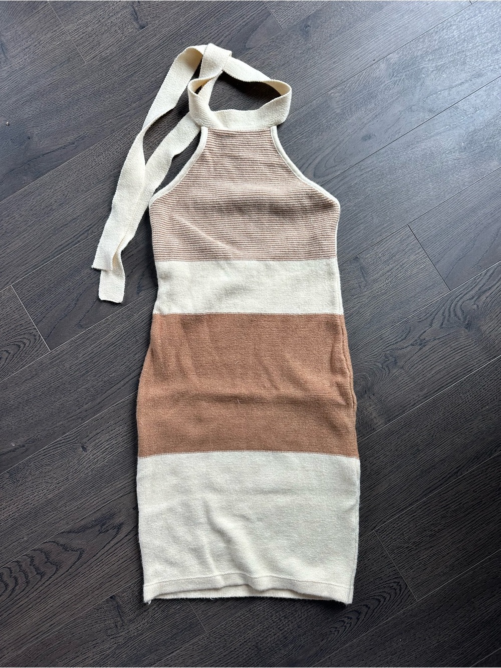 Fashion Nova One-Shoulder Striped Knit Dress in Cream and Tan